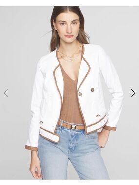 WHBM White and Brown Camel Trim Women's Double Breasted Coat Jacket